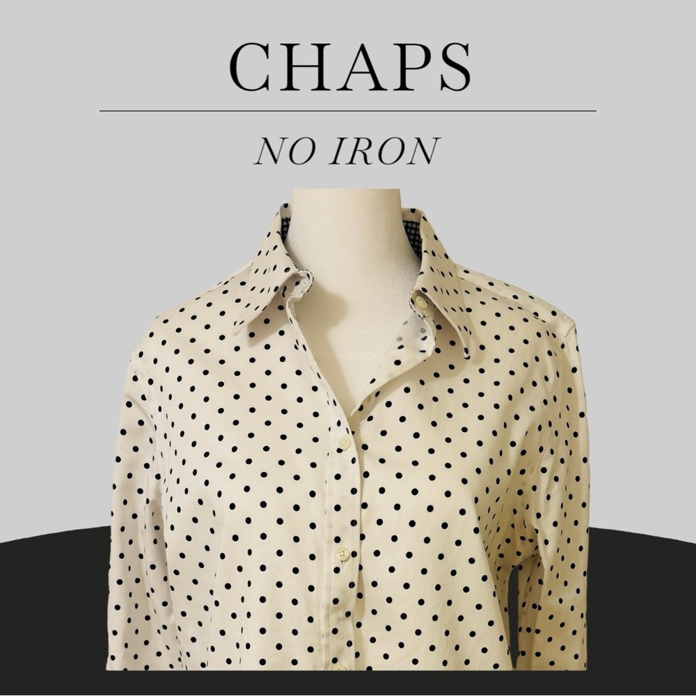 CHAPS NO IRON Blue Polka Dot Long Sleeve Button Blouse Sz Medium - Picture 8 of 8